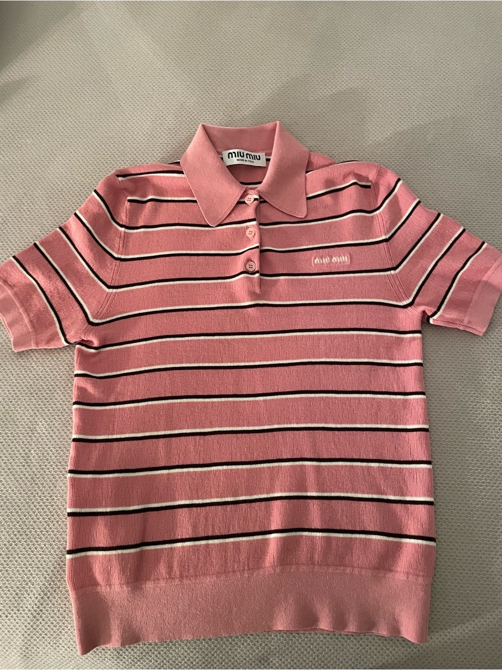 Miu Miu Pink & Black Striped Polo Knit Top